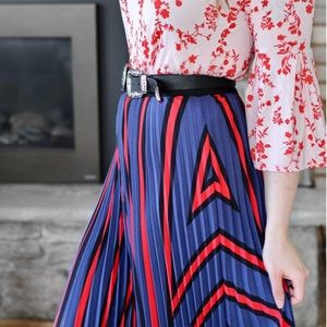H&M Red/Blue Striped Pleated Midi Skirt Size XS